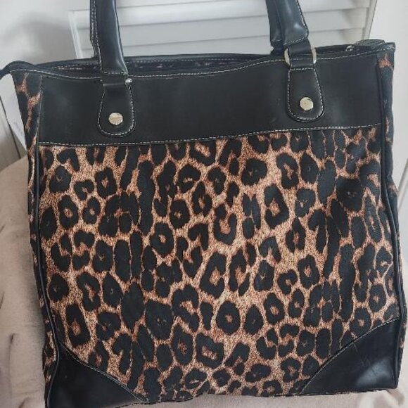 Jessica Simpson Leopard Faux Black Leather Tote Handbag - Picture 3 of 16